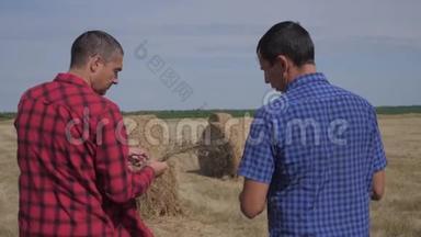 团队农业智慧农业理念.. 两名农民工人在数字平板电脑上的干草堆上散步